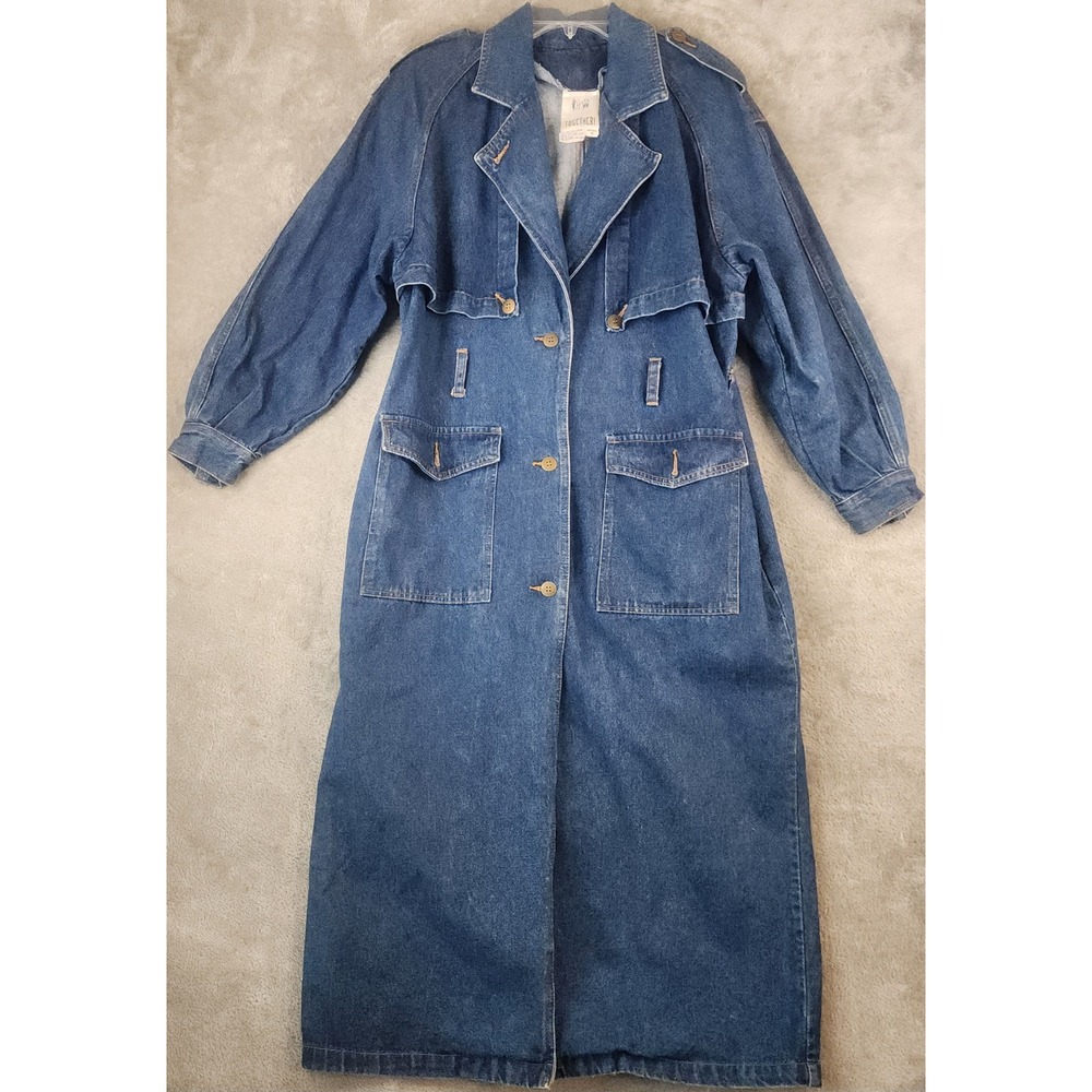 Together! Jacket Womens Size 8 Blue Denim Long Duster Button Up Trench Coat